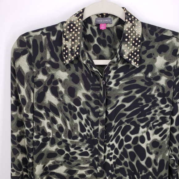 Vince Camuto Olive Leopard Print Blouse Sz XS - Picture 4 of 8